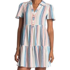 London Times Metallic Rainbow Stripe Tiered Popover Babydoll Shirtdress: Size S